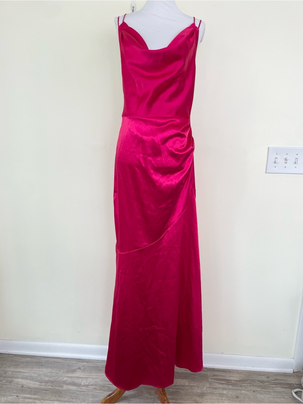 Goddiva London Cowl Neck w Strappy Back Satin Maxi Dress Gown Fuchsia Pink US 8